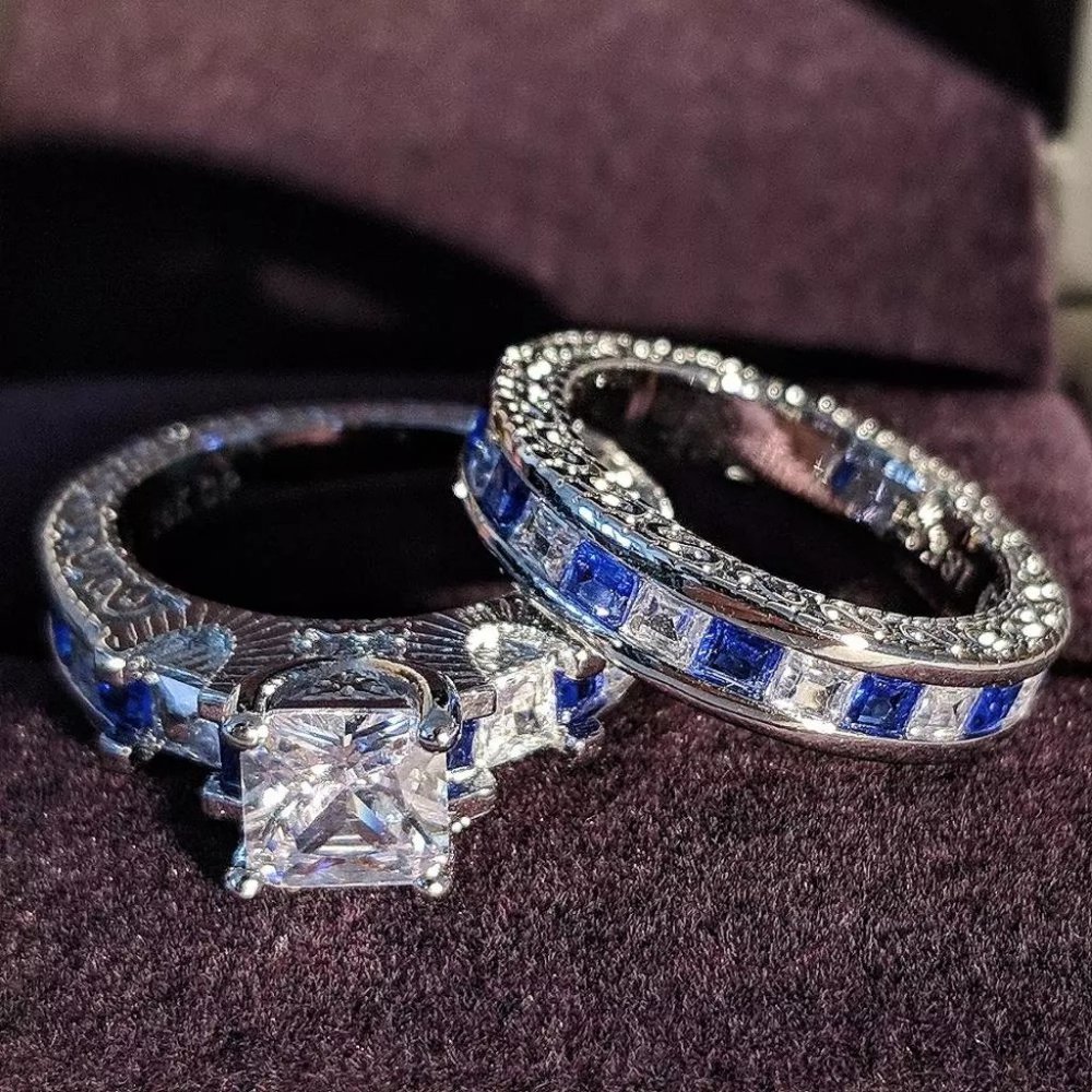 NEW 925 Sterling Silver Princess Cut Sapphire Ring - Picture 3 of 13